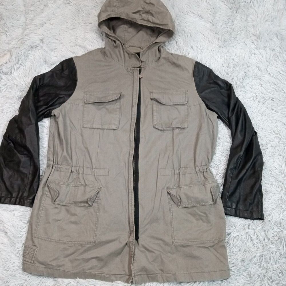 DKNY Jacket Womens Gray Utility Coat 1X Hooded Pockets Chore Outdoors Active Zip